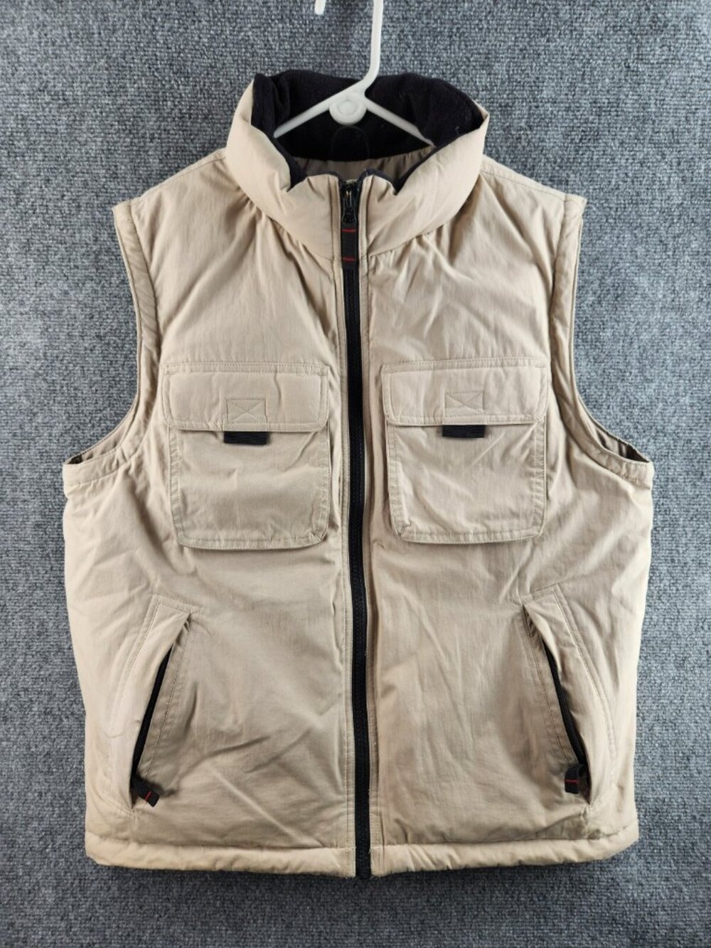 Eddie Bauer Small Cargo Full Zip Beige Sleeveless Down Puffer Vest Nylon Lined